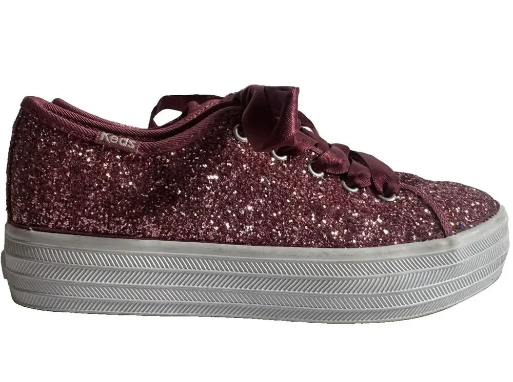 Keds Girls Pink Glitter Platform Sneakers Satin Ribbon Lace Shoes Youth Size 1